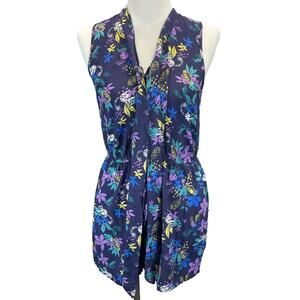 ModCloth Proactive Panache Lemur Romper Women Sz L Neck Tie Blue Tropical Floral